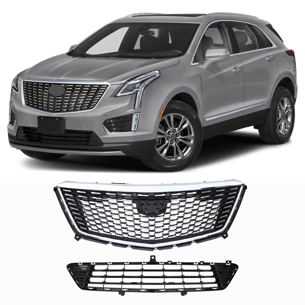 BUFEETERS  2Pcs Front Bumper Upper Lower Grille Fit For 2020 2021 2022 Cadillac XT5,Factory Style,Chrome&Black