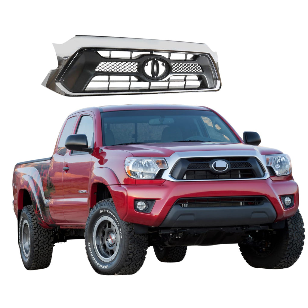 BUFEETERS Front Bumper Upper Grille Fit For 2012 2013 2014 2015 Toyota Tacoma,Chrome Shell with Painted Black Insert