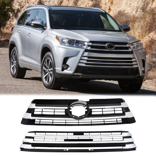 BUFEETERS Front Bumper Upper + Lower Grille w/O Camera Hole Fit For 2017 2018 2019 Toyota Highlander,Mesh Style,Chrome&Black