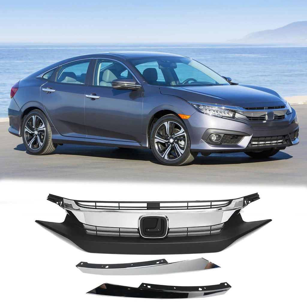 BUFEETERS  Front Bumper Upper Grille w/ Chrome Eyelid Molding Fit For 2016 2017 2018 Honda Civic Sedan,Mesh Style,Chrome&Matte Black