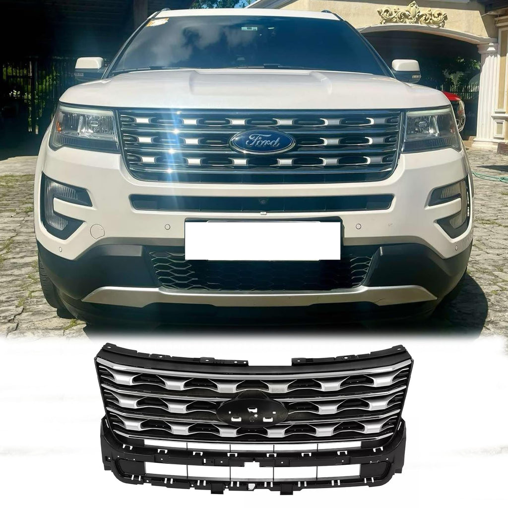 BUFEETERS Front Bumper Upper Grille Fit For 2016 2017 Ford Explorer,Factory Style,Silver Coated Black