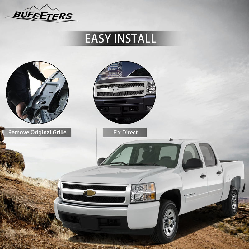 BUFEETERS Front Upper Chrome Grille w/ Black Insert Fit For 2007 2008 2009 2010 2011 2012 2013 Chevy Silverado 1500,Mesh Insert Style,Chrome&Black