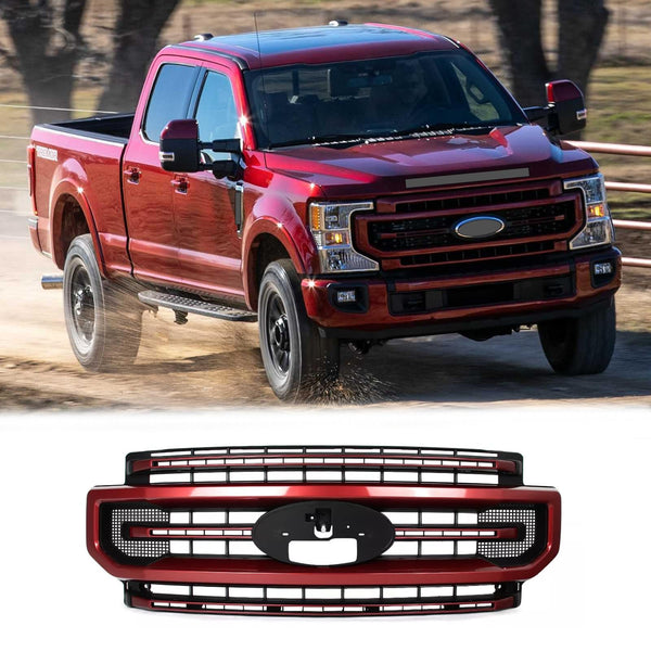 BUFEETERS Front Bumper Upper Grille Fit For 2020 2021 2022 F-250 F-350 F-450 F-550 Super Duty,Platinum Style,D4-Rapid Red&Matte Black