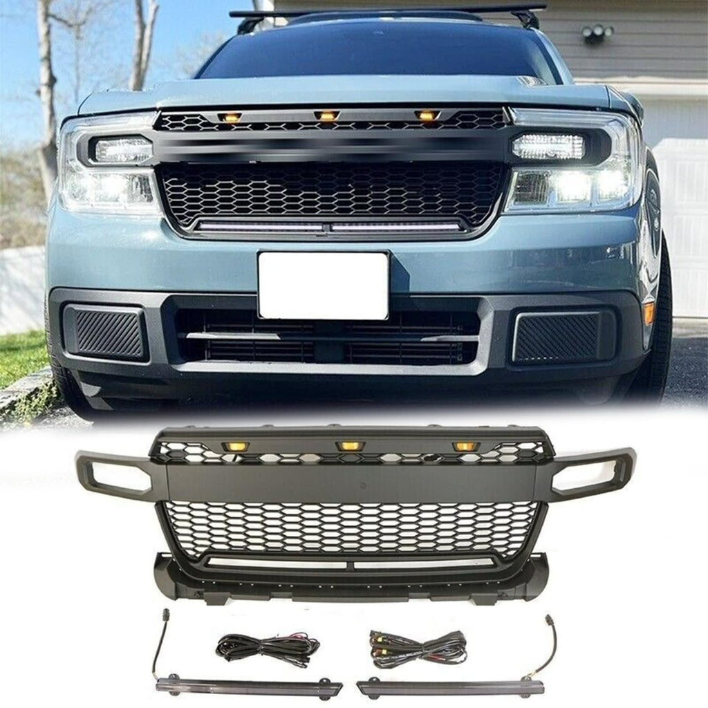 BUFEETERS  Front Bumper Upper Grille W/LED & Light Bar Fit For 2022 2023 Ford Maverick,Mesh Style,Matte Black