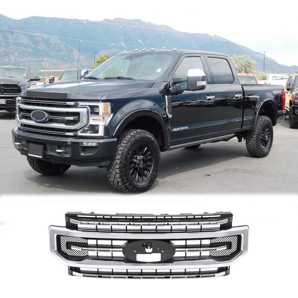BUFEETERS Front Bumper Upper Grille Fit For 2020 2021 2022 F-250 F-350 F-450 F-550 Super Duty,Platinum Style,Silver&Black