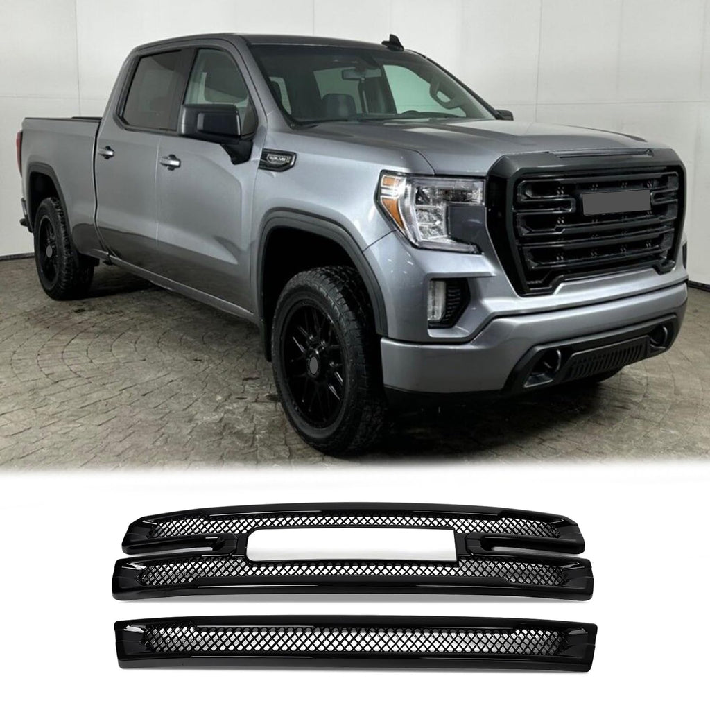 BUFEETERS Front Bumper Grille Covers Grill Overlay Fit For 2019 2020 2021 GMC Sierra 1500 SLT AT4,Factory Style,Gloss Black