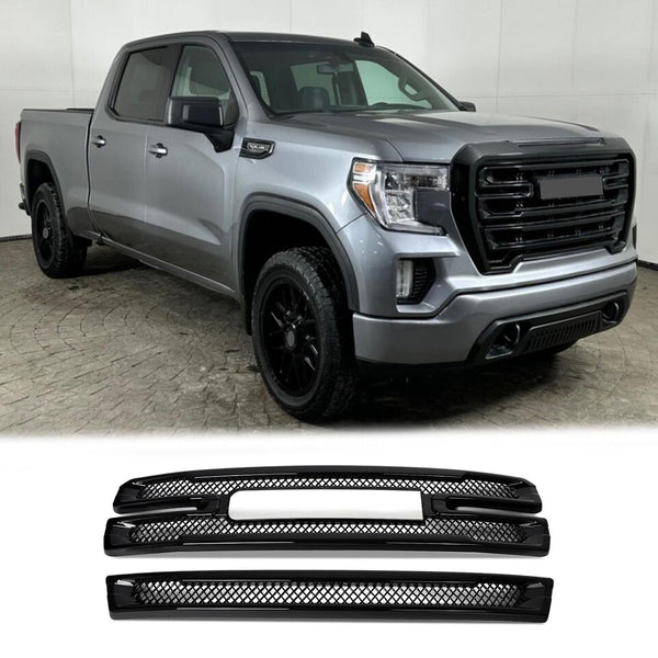 BUFEETERS Front Bumper Grille Covers Grill Overlay Fit For 2019 2020 2021 GMC Sierra 1500 SLT AT4,Factory Style,Gloss Black