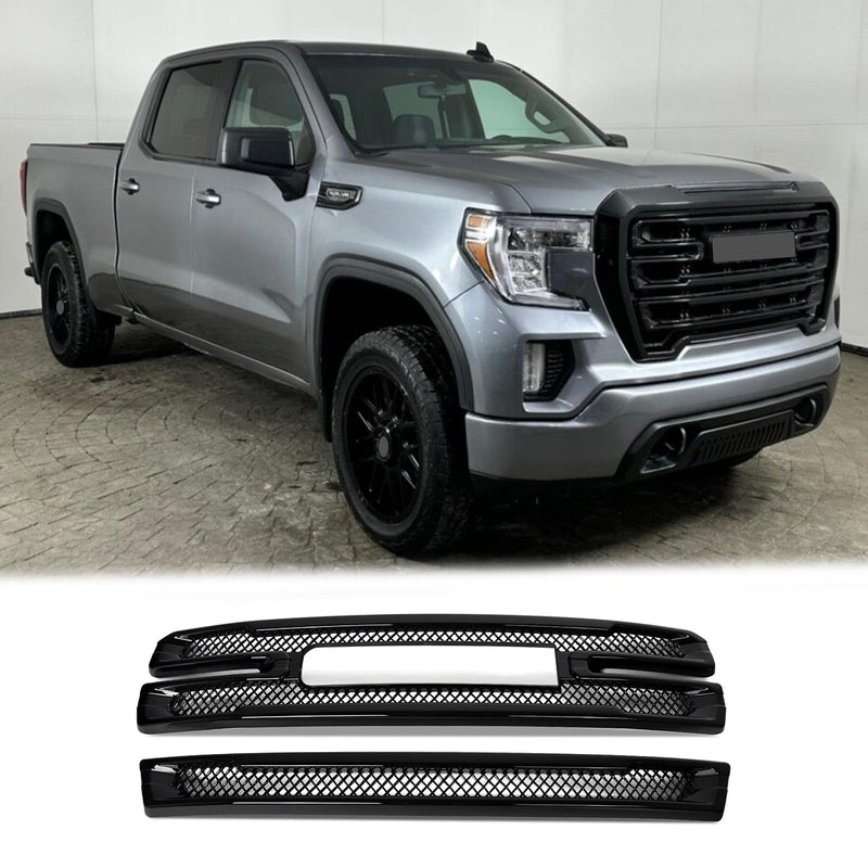 BUFEETERS Front Bumper Grille Covers Grill Overlay Fit For 2019 2020 2021 GMC Sierra 1500 SLT AT4,Factory Style,Gloss Black