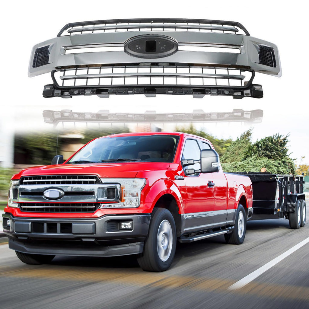 BUFEETERS  Front Bumper Upper Chrome Grille Assembly Fit For 2018 2019 2020 Ford F-150,Honeycomb Style