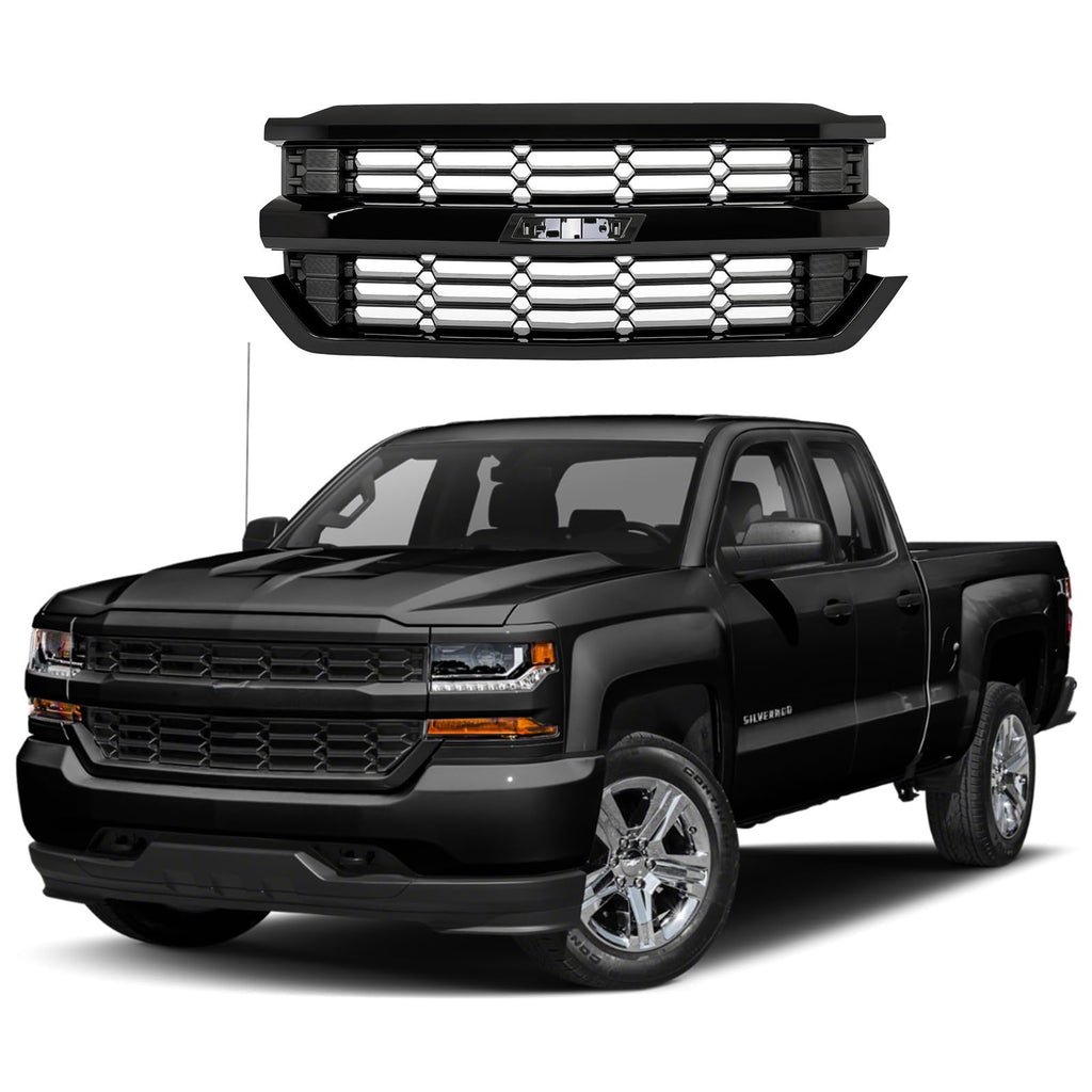 BUFEETERS  Front Upper Grille Fit For 2016 2017 2018 2019 Chevy Silverado 1500,Honeycomb Style,Gloss Black