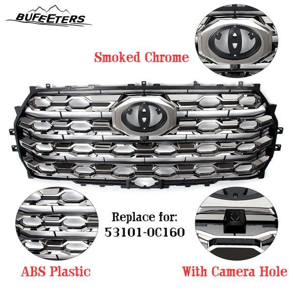 BUFEETERS   Front Bumper Grille Fit For 2022 2023 2024 Toyota Tundra,Platinum Style,Smoked Chrome