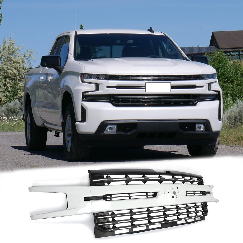 BUFEETERS Front Bumper Upper Grille Fit For 2019 2020 2021 Chevy Silverado 1500,Factory Style,GAZ Summit White&Matte Black