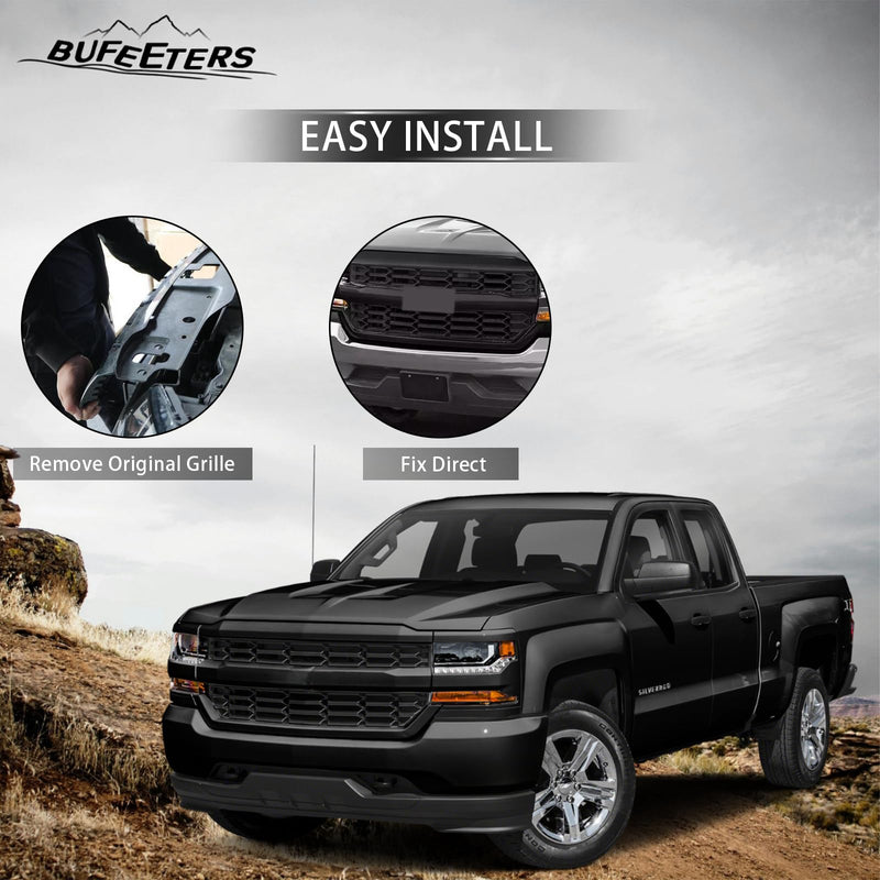 BUFEETERS  Front Upper Grille Fit For 2016 2017 2018 2019 Chevy Silverado 1500,Honeycomb Style,Gloss Black