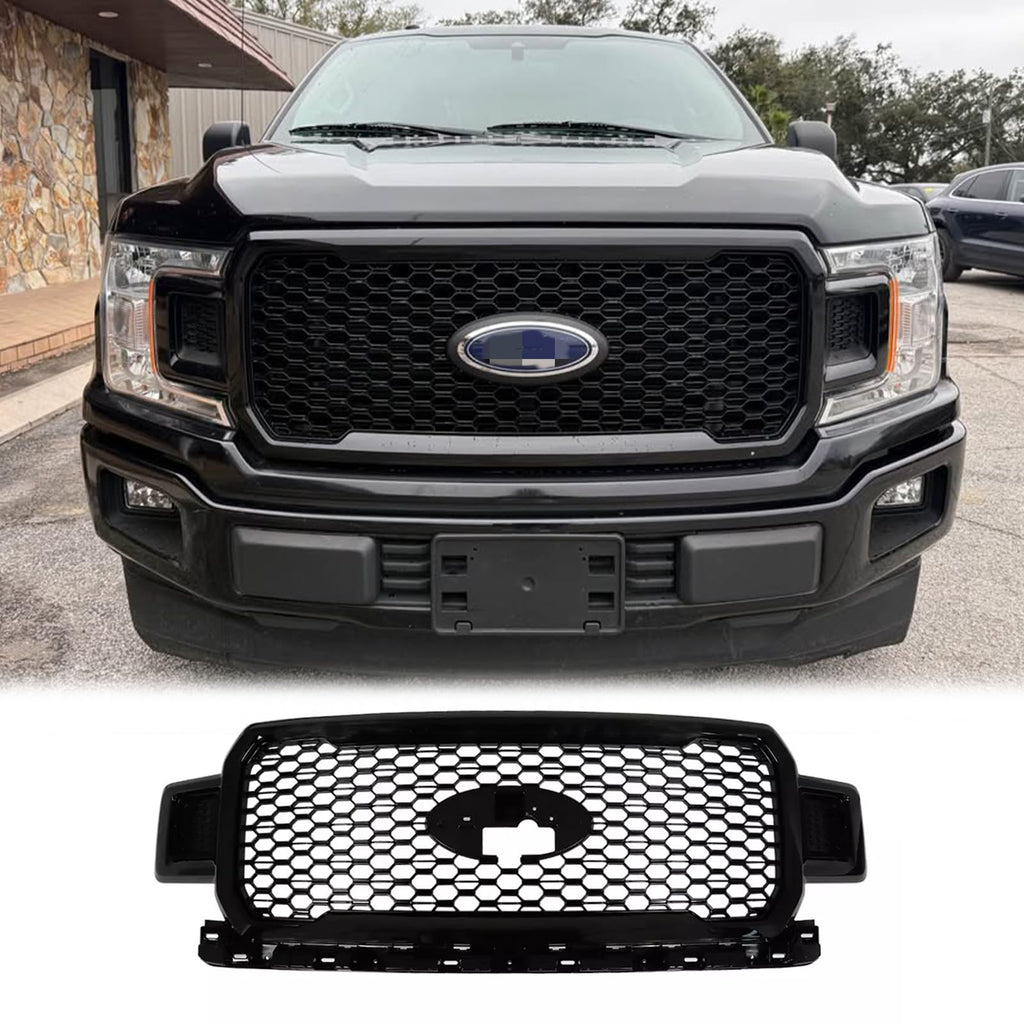 BUFEETERS  Front Upper Grille Grill Assembly Fit For 2018 2019 2020 Ford F-150,Honeycomb Style,Gloss Black