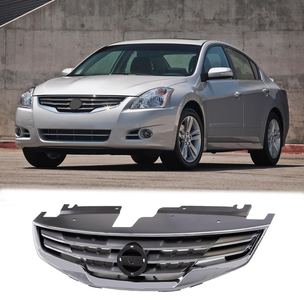 BUFEETERS Front Bumper Upper Grille Fit For 2010 2011 2012 Nissan Altima Sedan,Factory Style,Chrome Shell With Dark Gray Insert