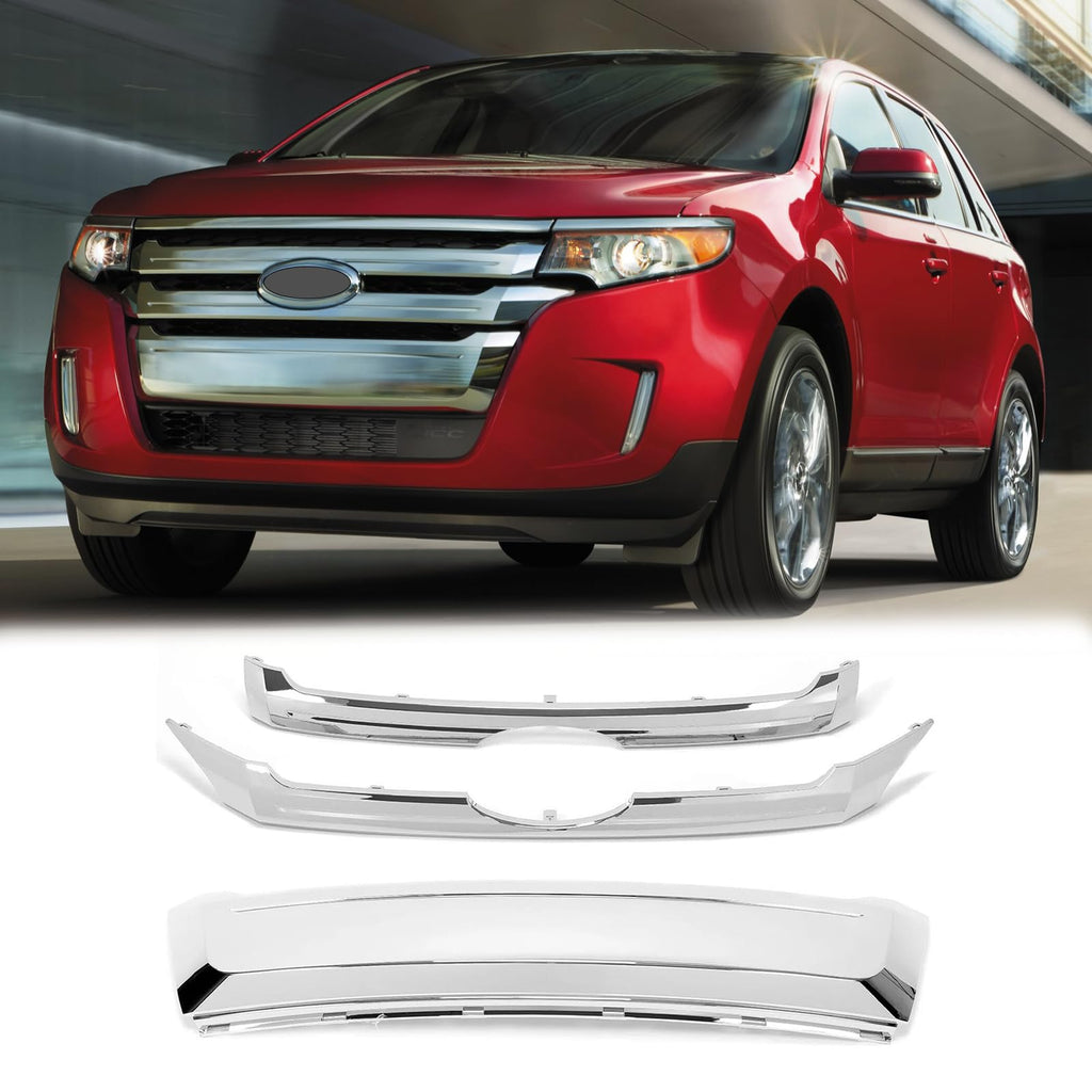 BUFEETERS  3PCS Front Upper & Center & Lower Grille Trim Fit For 2011 2012 2013 2014 Ford Edge,Factory Style,Chrome&Silver
