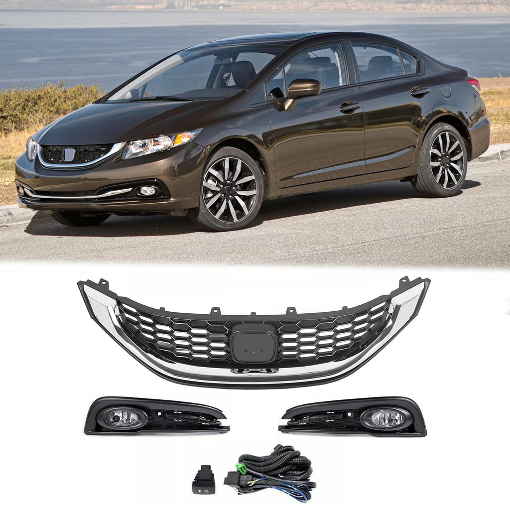 BUFEETERS  Front Bumper Upper Grille Fog Light Lamp Fit For 2013 2014 2015 Honda Civic Sedan,Factory Style,Chrome&Black