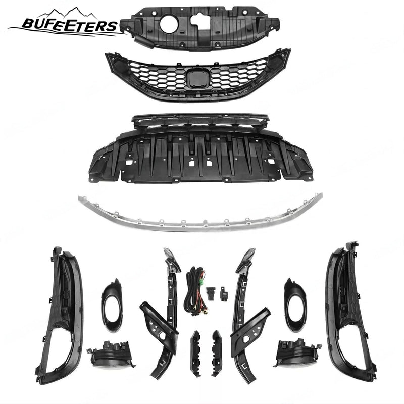 BUFEETERS  14PCS Front Bumper Upper Lower Grille Fog lights Bezel Fit For 2013 2014 2015 Honda Civic Sedan,Honeycomb Style,Chrome&Black