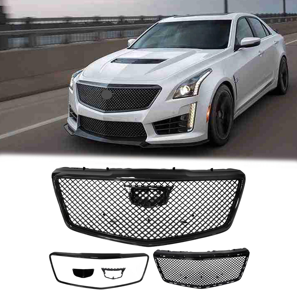 BUFEETERS  Front Bumper Upper Grille W/Trim Fit For 2014 2015 2016 2017 2018 2019 Cadillac CTS Sedan,Honeycomb Style,Gloss Black