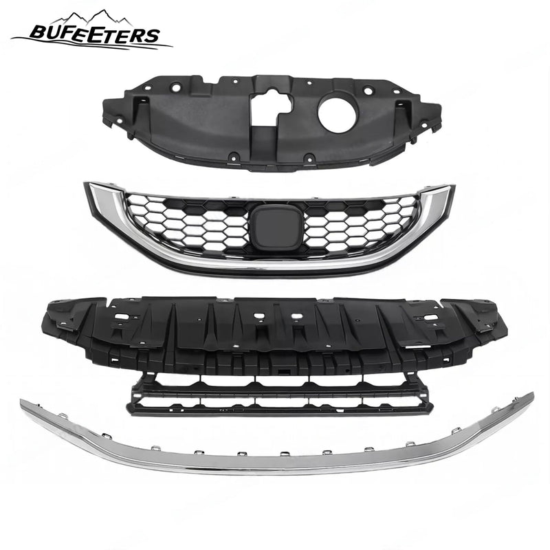 BUFEETERS  14PCS Front Bumper Upper Lower Grille Fog lights Bezel Fit For 2013 2014 2015 Honda Civic Sedan,Honeycomb Style,Chrome&Black