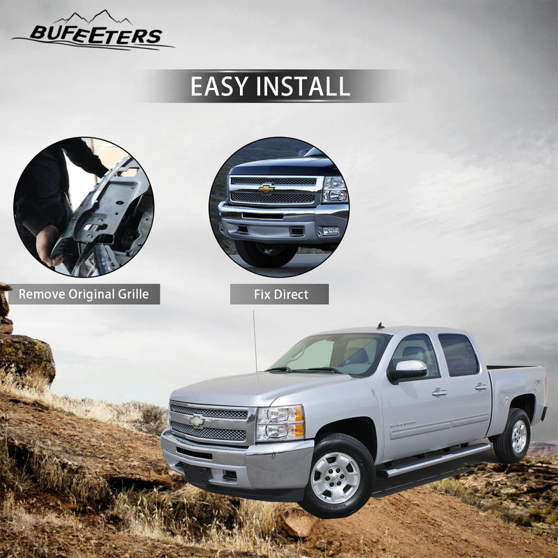 BUFEETERS Front Upper Chrome Grille w/ Chrome Insert Fit For 2007 2008 2009 2010 2011 2012 2013 Chevy Silverado 1500,Mesh Insert Style,Chrome&Silver