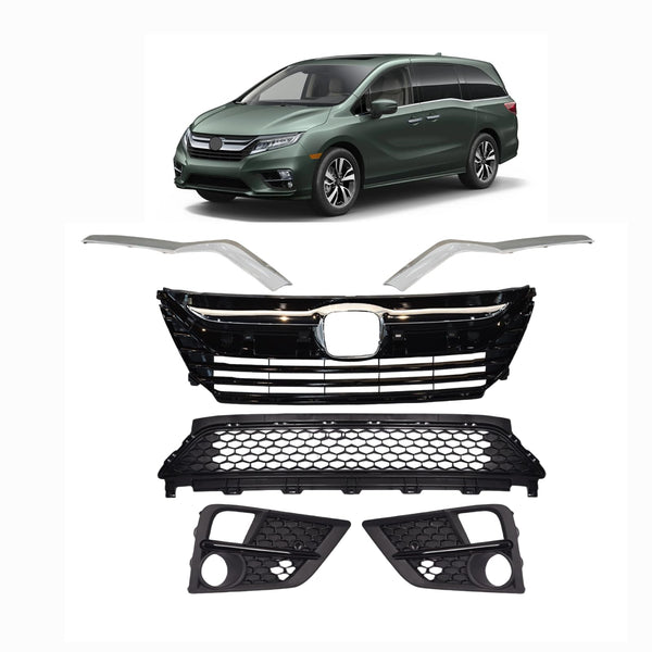 BUFEETERS Front Bumper Upper Lower Grille And Fog Lamp Covers Set Fit For 2018 2019 2020 Honda Odyssey,Factory Style,Chrome&Black