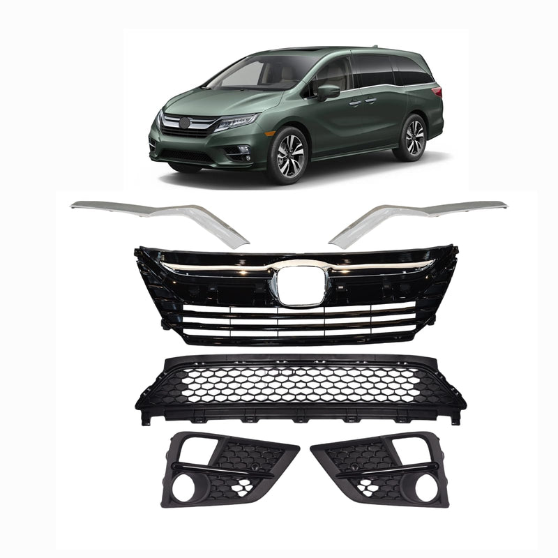BUFEETERS Front Bumper Upper Lower Grille And Fog Lamp Covers Set Fit For 2018 2019 2020 Honda Odyssey,Factory Style,Chrome&Black