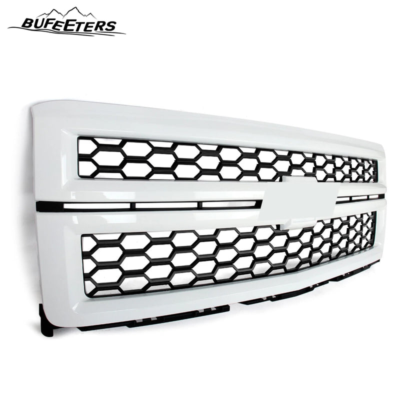 BUFEETERS Front Bumper Upper Grille Fit For 2014 2015 Chevy Silverado 1500,LTZ Style/Honeycomb Style,Summit White&Black