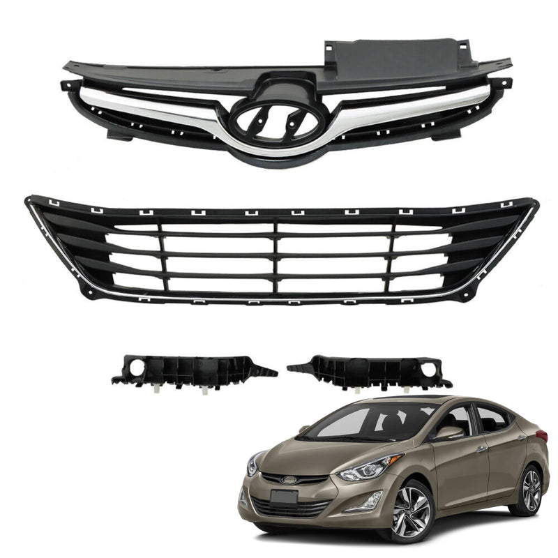 BUFEETERS    Front Upper Lower Grilles & Bumper Brackets Set Fit For 2014 2015 2016 Hyundai Elantra,Horizontal Billet Style,Chrome&Black