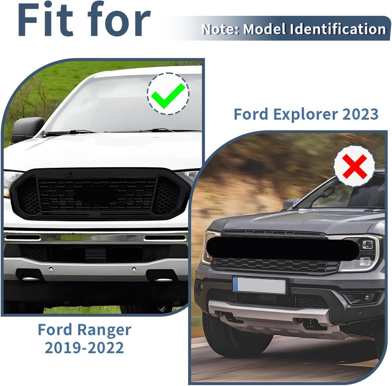 Matte Black Front Grill Compatible with Ford Ranger 2019 2020 2021 2022 Models, W/O Emblem