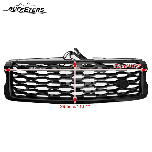 BUFEETERS Front Bumper Upper Grille w/ LED Fit For 2013 2014 2015 2016 2017 Land Rover Range Rover Vogue L405,Mesh Style,Gloss Black