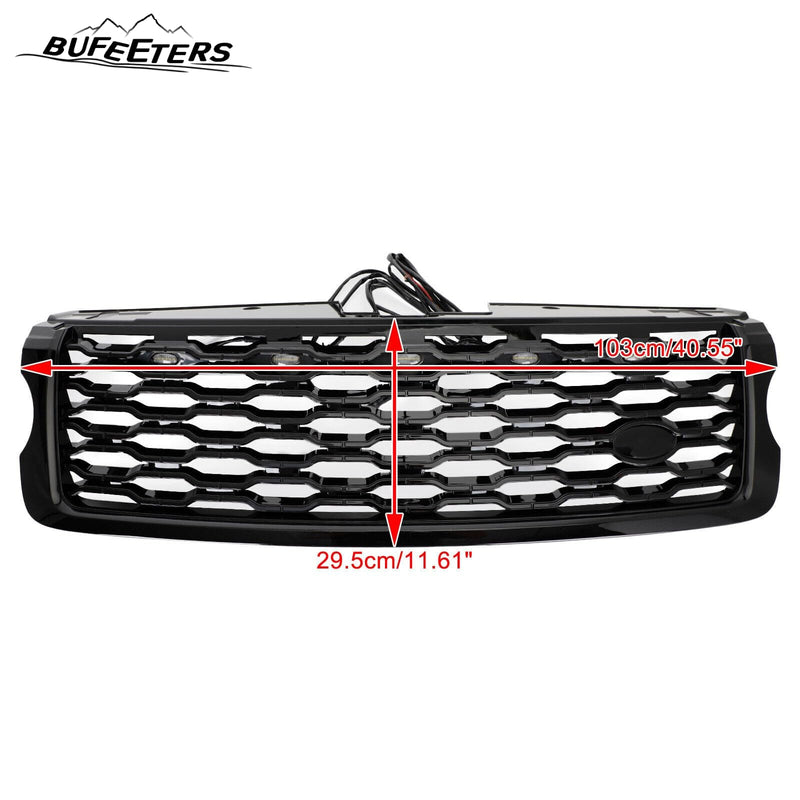 BUFEETERS Front Bumper Upper Grille w/ LED Fit For 2013 2014 2015 2016 2017 Land Rover Range Rover Vogue L405,Mesh Style,Gloss Black