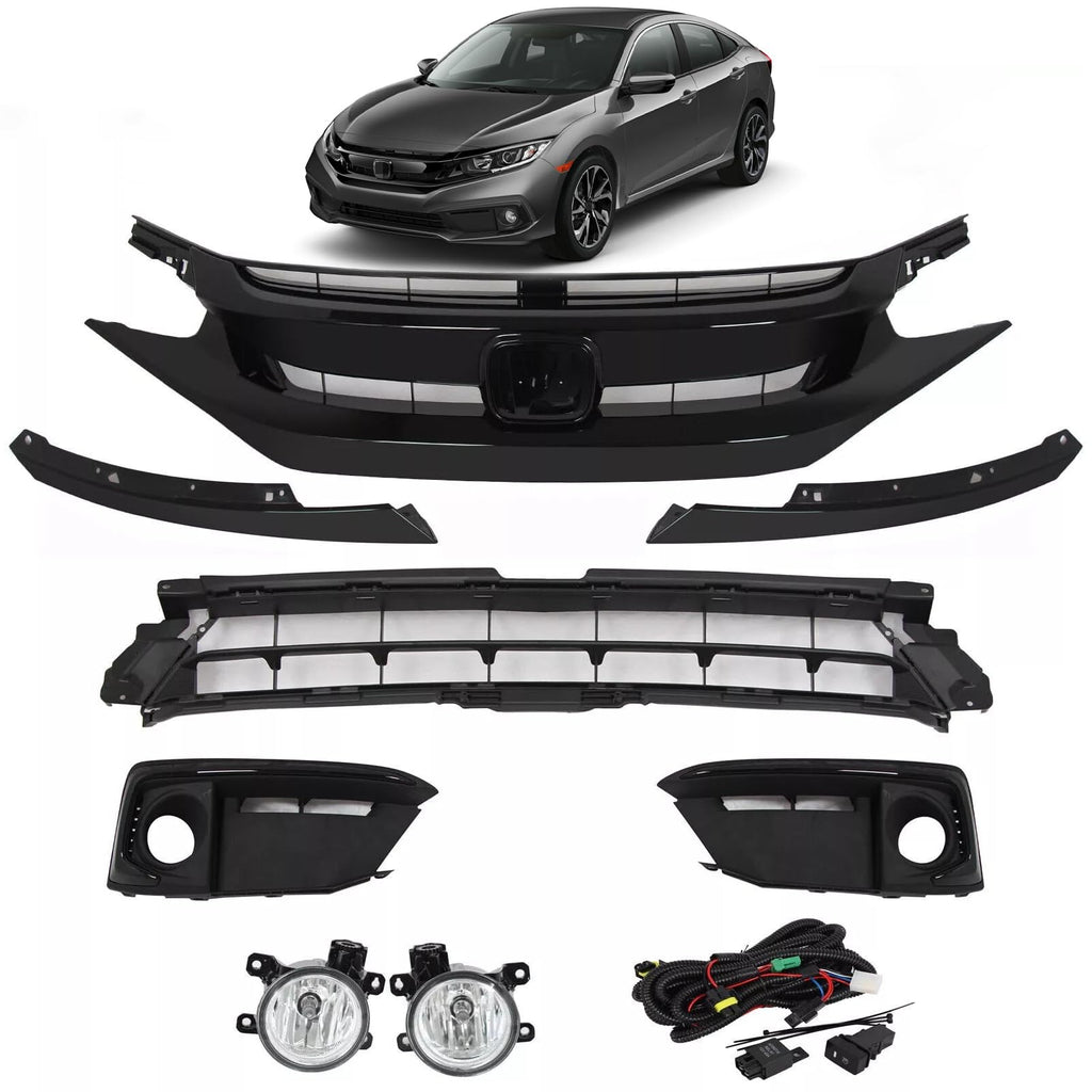 BUFEETERS 8PCS Front Upper Lower Grille/Fog Lights Set Fit For 2019 2020 2021 Honda Civic Sedan,Factory Style,Gloss Black