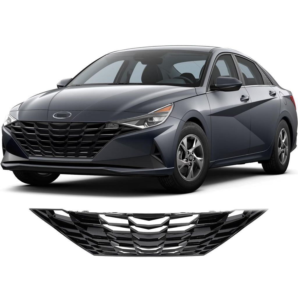 BUFEETERS    Front Bumper Radiator Grille Assembly Fit For 2021 2022 2023 Hyundai Elantra Sedan,Mesh Style,Gloss Black