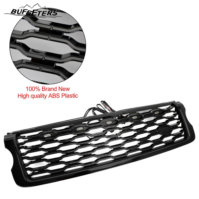 BUFEETERS Front Bumper Upper Grille w/ LED Fit For 2013 2014 2015 2016 2017 Land Rover Range Rover Vogue L405,Mesh Style,Gloss Black