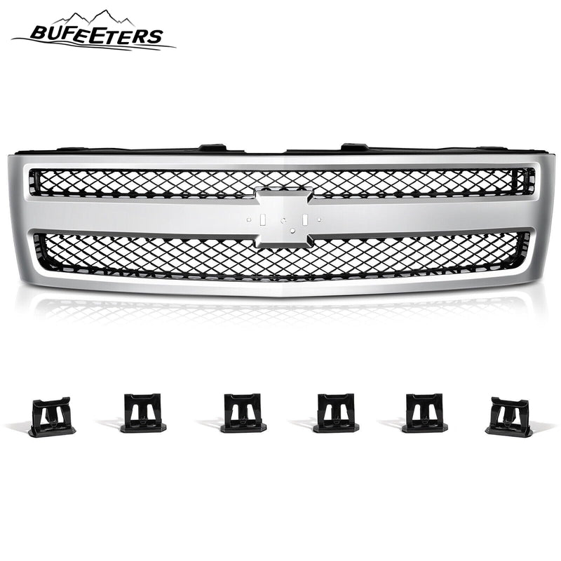 BUFEETERS Front Upper Grille Fit For 2007 2008 2009 2010 2011 2012 2013 Chevrolet Silverado 1500,Mesh insert Style,Chrome&Black