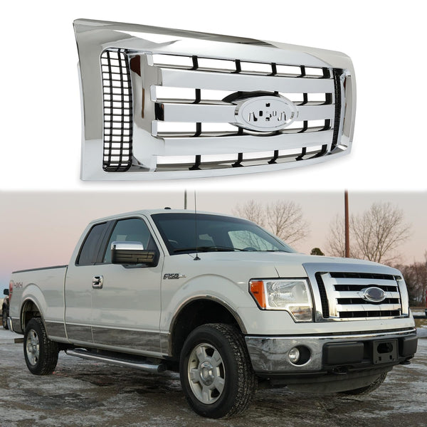 BUFEETERS  Front Bumper Grille Fit For 2009 2010 2011 2012 2013 2014 Ford F150 F-150 XLT,Chrome Shell w/ Black Insert