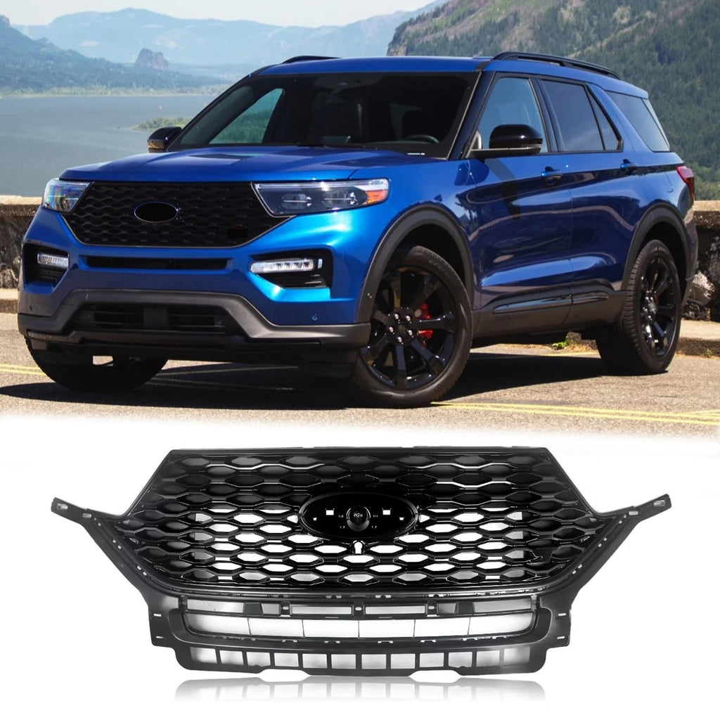 BUFEETERS Front Bumper Upper Grille Grill Fit For Ford Explorer ST 2020 2021 2022,Honeycomb/ST Style,Gloss Black