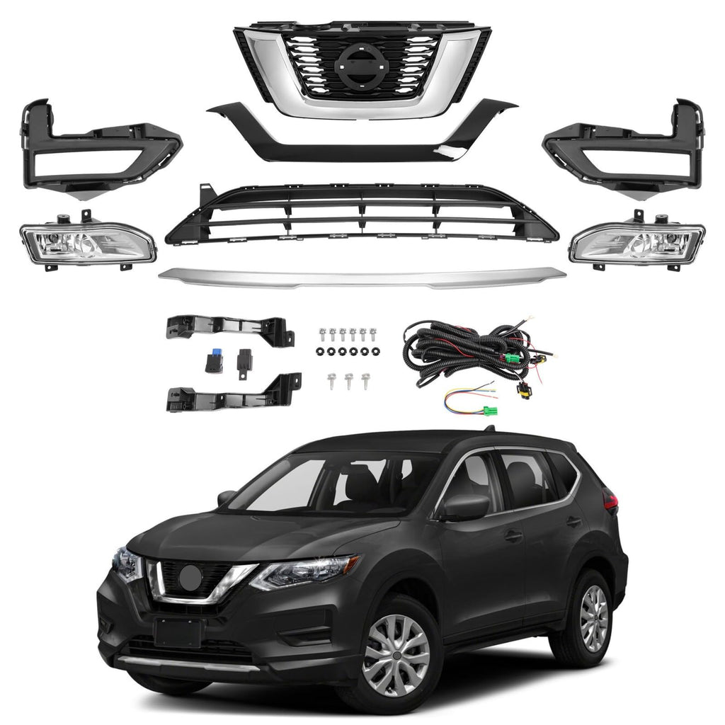 BUFEETERS Front Upper Lower Grille/Grill Trim/Fog Lamp Kit Fit For 2017 2018 2019 2020 Nissan Rogue,Factory Style,Chrome&Black&Silver