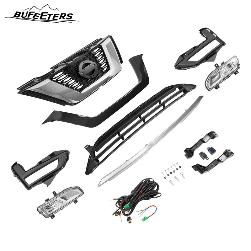 BUFEETERS Front Upper Lower Grille/Grill Trim/Fog Lamp Kit Fit For 2017 2018 2019 2020 Nissan Rogue,Factory Style,Chrome&Black&Silver