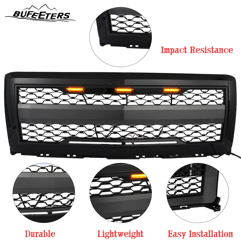 BUFEETERS Front Bumper Hood Upper Grille w/Light Fit For 2014 2015 Chevy Silverado 1500,Honeycomb Style,Gloss Black