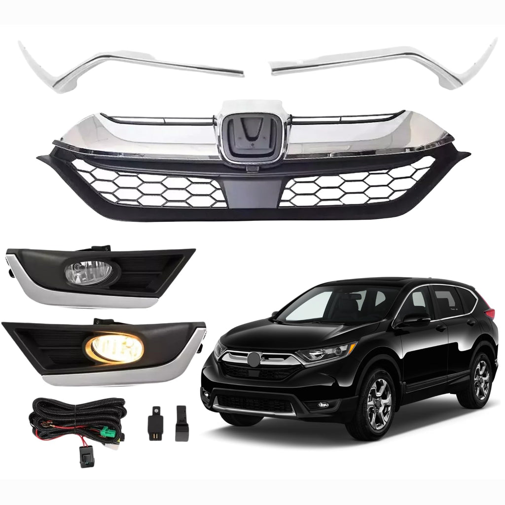BUFEETERS  5Pcs Front Bumper Grille Headlight Trim Fog Light Set Fit For 2017 2018 2019 Honda CRV CR-V,Factory Style,Chrome&Black&Silver