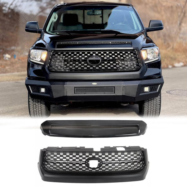 BUFEETERS  Front Grille Grill & Hood Bulge  Fit For 2014 2015 2016 2017 2018 2019 2020 Toyota Tundra,Honeycomb Style,Gloss Black&Matte Black