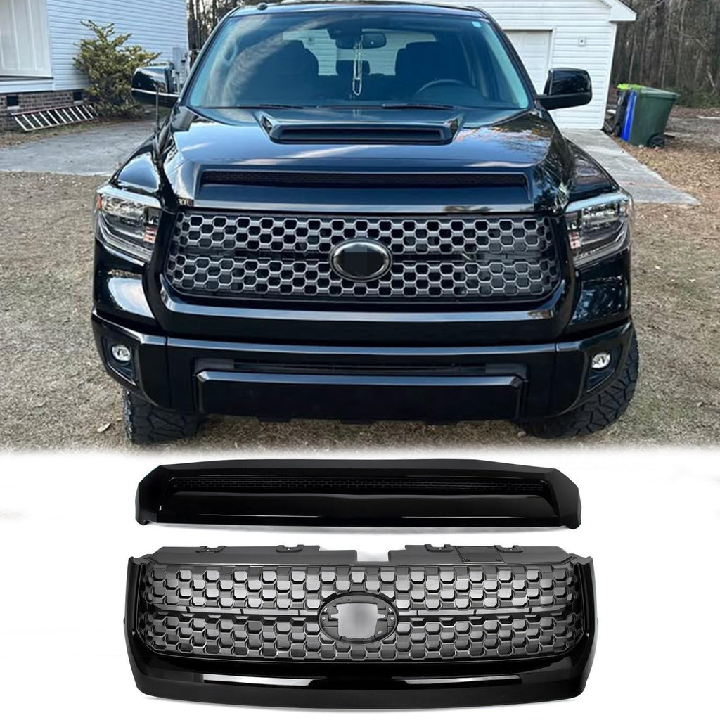 BUFEETERS  Front Bumper Upper Grille Grill & Hood Bulge Fit For 2014 2015 2016 2017 2018 2019 2020 Toyota Tundra,Honeycomb Style,Gloss Black&Gary