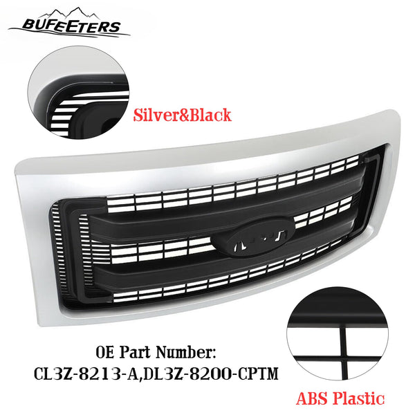 BUFEETERS  Front Bumper Grille Fit For 2009 2010 2011 2012 2013 2014 Ford F150 F-150,Horizontal Billet Style,Silver&Black