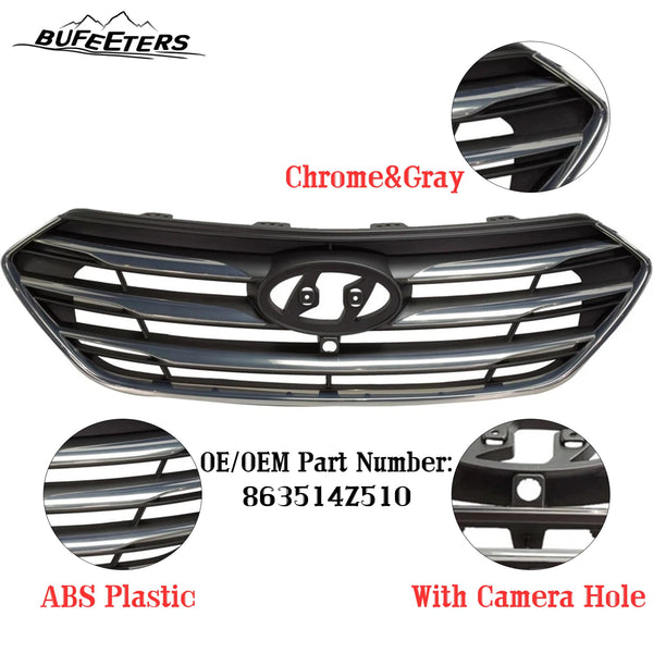 BUFEETERS    Front Bumper Grille W/ Camera Hole Fit For 2017 2018 Hyundai Santa Fe Sport,Horizontal Billet Style,Painted Gray Shell Insert W/ Chrome Molding