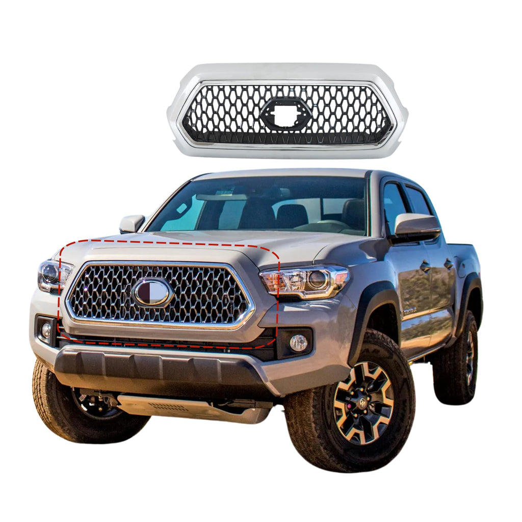 BUFEETERS Front Upper Grille Chrome Assembly Fit For 2016 2017 2018 2019 2020 2021 Toyota Tacoma,Mesh Style,Chrome&Gray