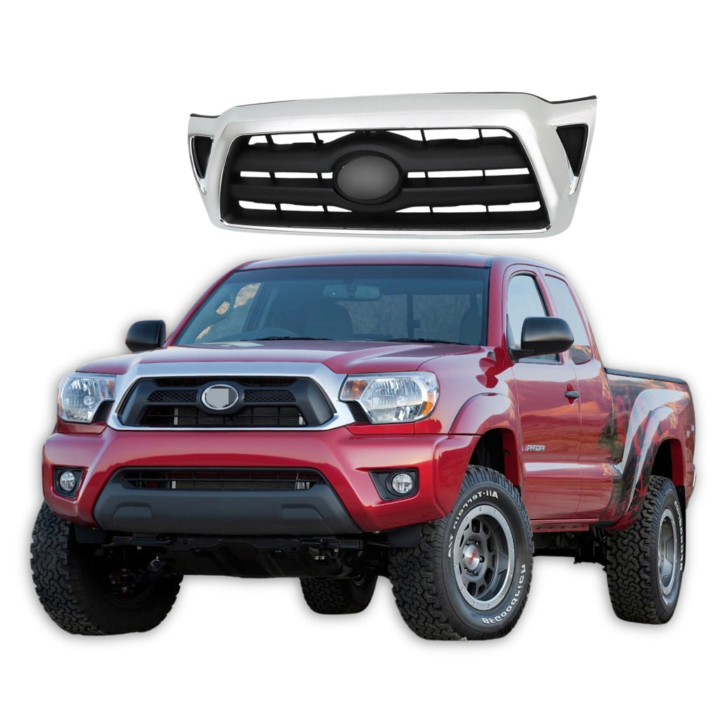 BUFEETERS  Front Bumper Upper Chrome Grille Fit For 2005 2006 2007 2008 2009 2010 2011 Toyota Tacoma,Chrome Shell with Black Insert