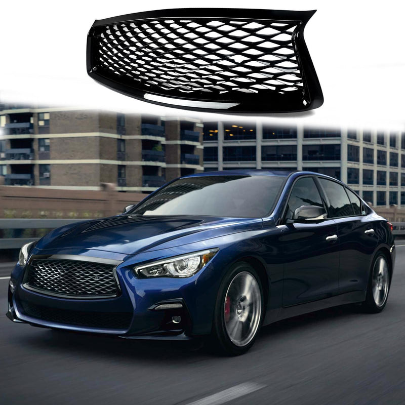 BUFEETERS   Front Bumper Upper Grille Fit For 2018 2019 2020 2021 2022 INFINITI Q50 Q50S W/Sensor Holes,Honeycomb Style,Gloss Black