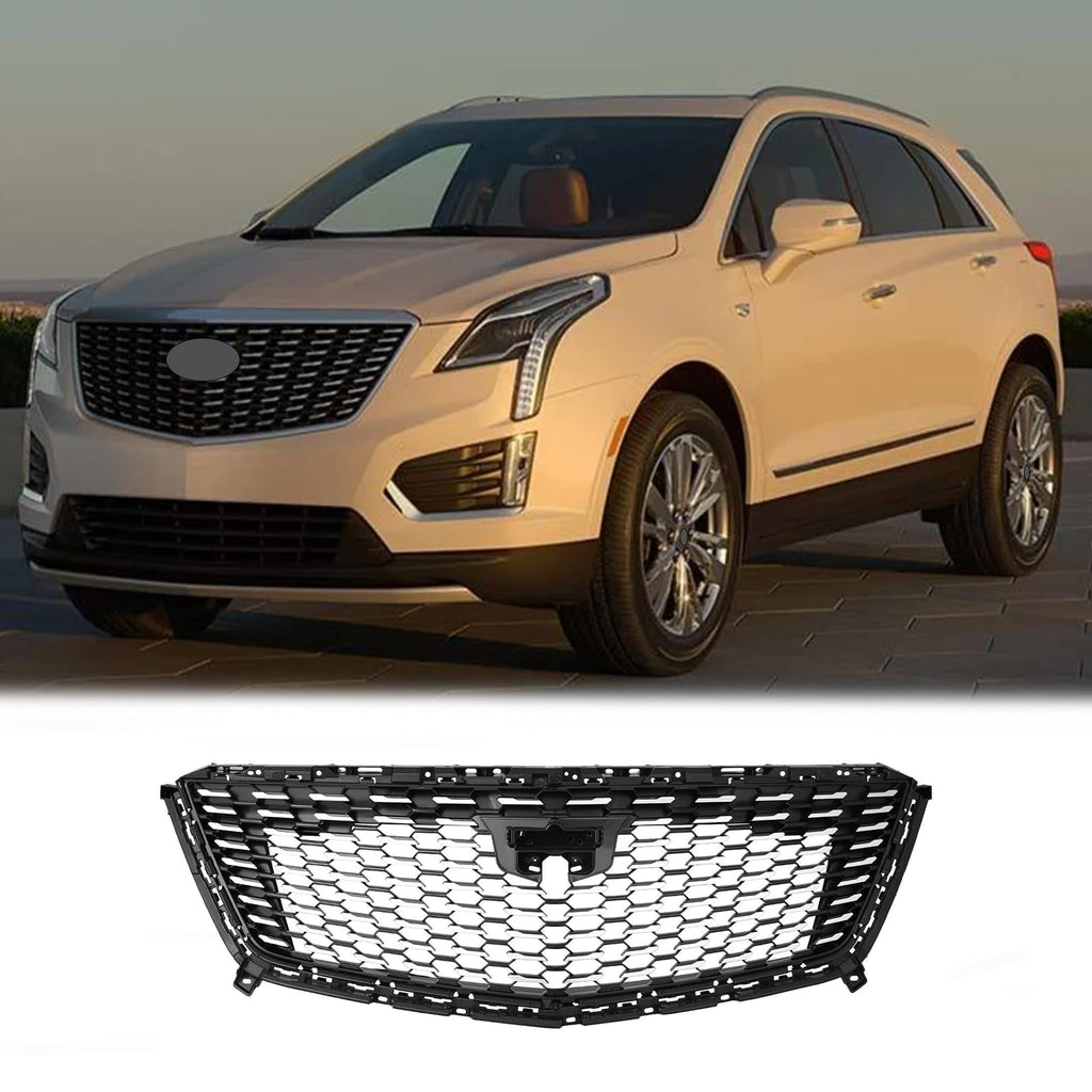 BUFEETERS Front Bumper Upper Grille W/o Camera Hole Fit For 2016 2017 2018 2019 2020 2021 2022 2023 Cadillac XT5,Sky Diamond Style,Silver&Black